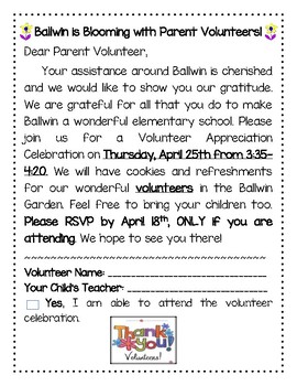 Preview of Parent Volunteer Celebration Invitation