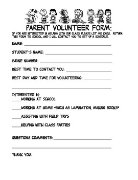 Preview of Parent Volunteer Form - Snoopy Themed