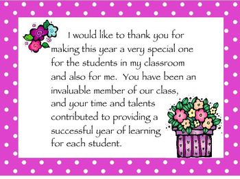 Preview of Parent Volunteer Thank You Cards for the End of Year