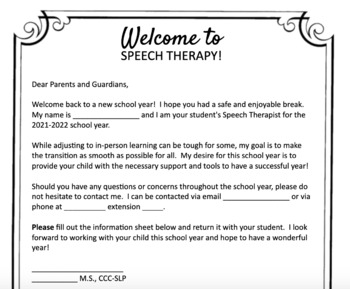 Preview of Parent Welcome Letter - Speech Therapy