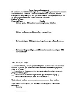 Preview of Parent homework- tell me about your child for back to school