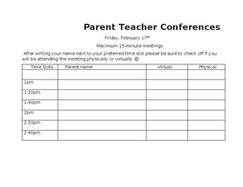 Preview of Parent/teacher conference sign up sheet