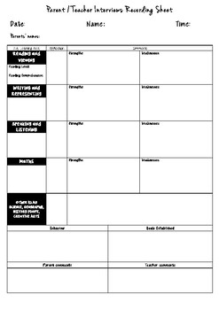 Parent / teacher interview recording sheet by Mrs E's Classroom | TpT