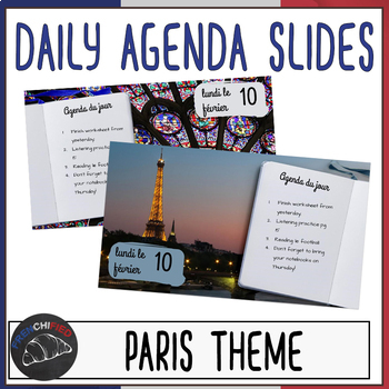 Preview of Paris themed daily agenda slides for Google Drive/Powerpoint/Smartboard