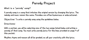 Preview of Parody Song Project & Worksheet
