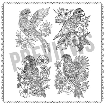 Preview of Parrot Flowers Mandala Zentangle Coloring, Mindful Relaxing Meditation Adults