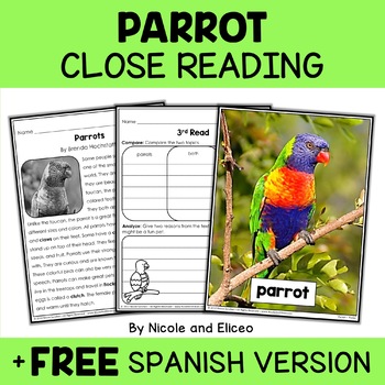 Preview of Parrot Close Reading Comprehension Passage Activities + FREE Spanish