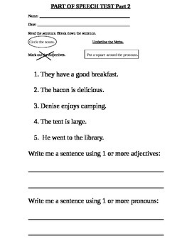 part 2 part of speech test for second grade tpt