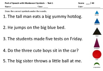 Preview of Part of Speech with Montessori Symbols - Test 1