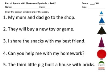 Preview of Part of Speech with Montessori Symbols - Test 2