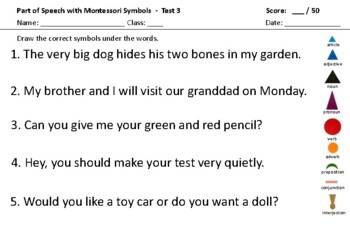 Preview of Part of Speech with Montessori Symbols - Test 3