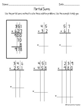 partial sums addition worksheets by fresh and fun teacher