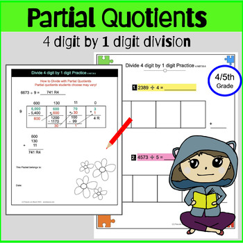 Preview of Partial quotients Division 4 digit by 1 digit area model self-checking digital