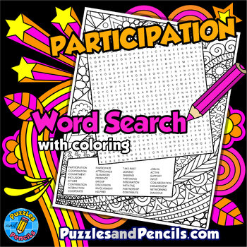 Preview of Participation Word Search Puzzle with Coloring Activity | Social Skills