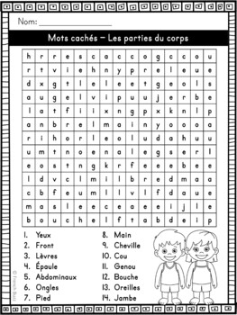 worksheets grade in 1 french fléchés du croisés,  mots   cachés, Parties  French corps