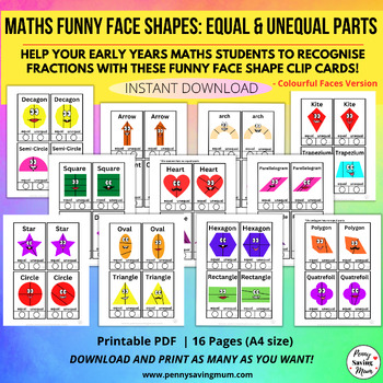 Preview of Partition Shapes into Equal & Unequal Parts, Geometry Shapes Funny Face Activity