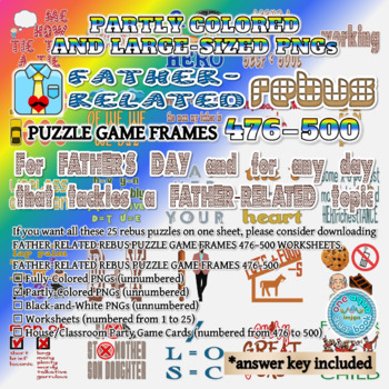 Preview of Partly Colored FATHER-RELATED Rebus Puzzle Game Frames 476–500 PNGs