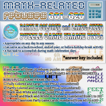 Preview of Partly Colored MATH-RELATED Rebus Puzzle Game Frames 601–620 PNGs