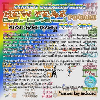 Preview of Partly Colored NEW YEAR (Back-to-School) Rebus Puzzle Game Frames 226–250 PNGs