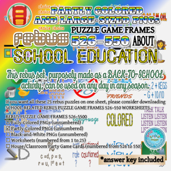 Preview of Partly Colored SCHOOL-RELATED Rebus Puzzle Game Frames 526–550 PNGs