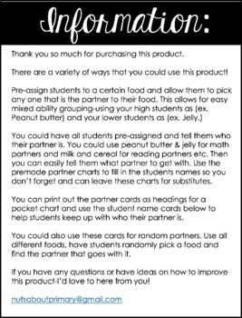 Partner Cards - Picking Partners - Pairing Students by Nuts about Primary