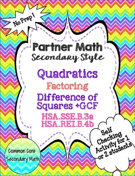 Preview of Partner Math Factoring Quadratics Difference of Squares:  No Prep & Self Check