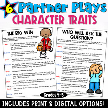 Preview of Character Traits: Partner Play Scripts and Comprehension Worksheet 4th 5th