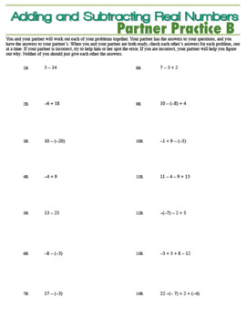Partner Practice Adding Subtracting Real Numbers By Math Equals Fun