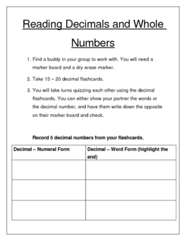 Preview of Partner Practice Decimals and Whole Numbers