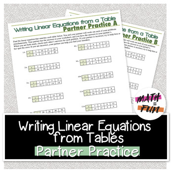 Preview of Partner Practice: Writing Linear Equations from a Table