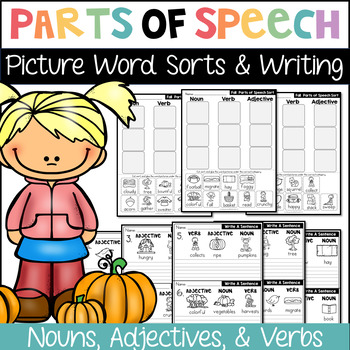 Preview of Parts Of Speech Picture Word Sort and Writing Printables (Fall Themed)