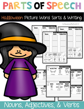 Preview of Parts Of Speech Picture Word Sort and Writing Printables (Halloween Themed)