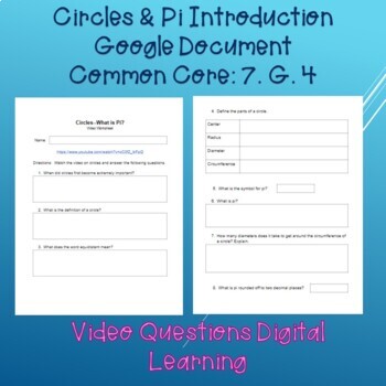 Preview of Parts of Circle & Pi Video Questions--Google Document--Distance Learning