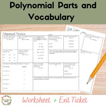 Preview of Parts of Polynomials and Vocabulary Worksheet and Exit Ticket
