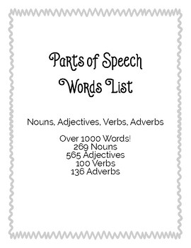 Preview of Parts of Speech 1000 Word List; Nouns, Adjectives, Verbs, Adverbs for Writing