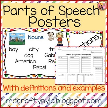 Preview of Parts of Speech Definition Posters, Examples and Worksheet