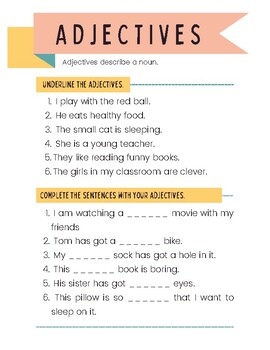 Preview of Parts of Speech Adjectives English Grammar Worksheet