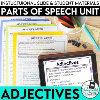Preview of Adjectives: Parts of Speech Unit (PowerPoint, lessons, activities, tests)