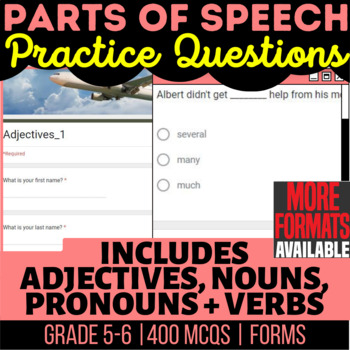 Preview of Parts of Speech Assessments Nouns Verbs Adjectives Pronouns 5th and 6th Grade