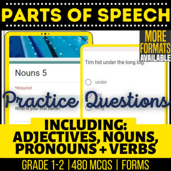 Preview of Parts of Speech Assessments Nouns Verbs Adjectives Pronouns Grade K 1 2 Forms