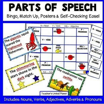 Preview of Parts of Speech Games, Activities, Bingo, Match Up, Charts & Self-Checking Easel