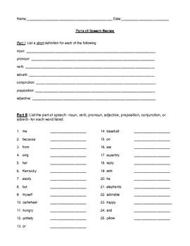 Preview of Parts of Speech: Comprehensive Review with Detailed Answer Key