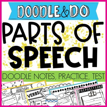 Preview of Parts of Speech Doodle Notes, Worksheets, Quiz - Nouns, Verbs, Adjectives & More