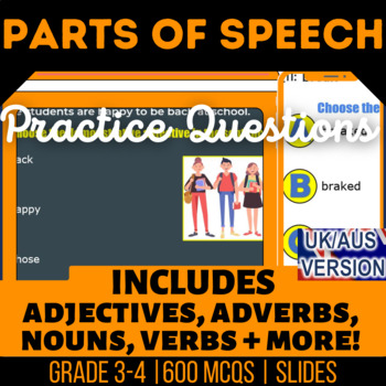 Preview of Parts of Speech Editable Presentations: Nouns, Verbs, Adjectives UK/AUS Spelling