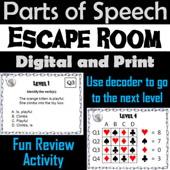 Preview of Eight Parts of Speech Game Escape Room Review (Nouns Verbs Adjectives Adverbs)