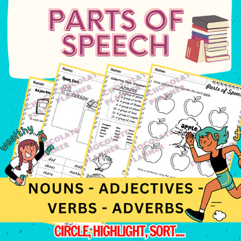 Preview of Parts of Speech Grammar Practice, All about Nouns , Verbs, Adjectives, Adverbs.
