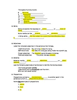 parts of speech grammar pre test answer key by engaging excellence