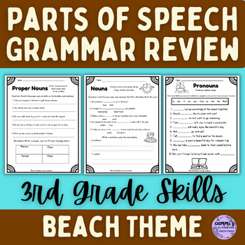 Preview of Parts of Speech Grammar Review Worksheets - Beach Theme