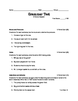 grammar practice test parts of speech