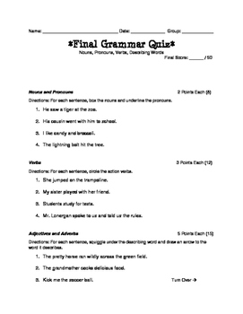 parts of speech grammar test by the writing owl tpt